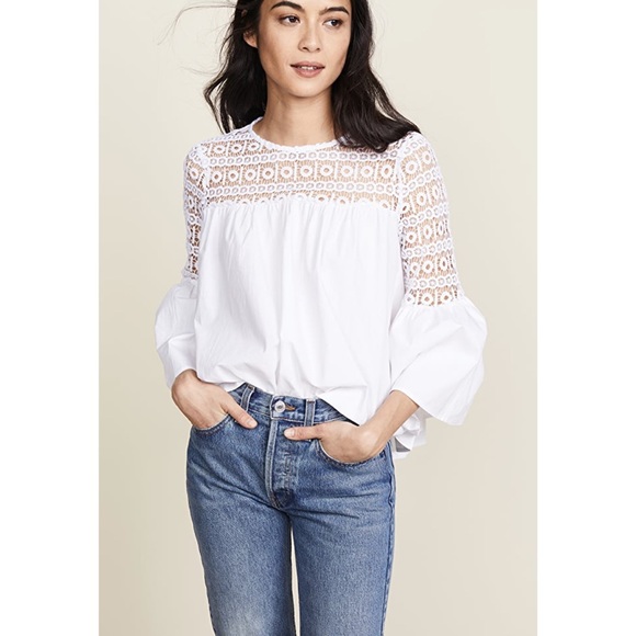 LOFT Tops - LOFT Crochet Yolk Bell Sleeve Ivory Chiffon Blouse